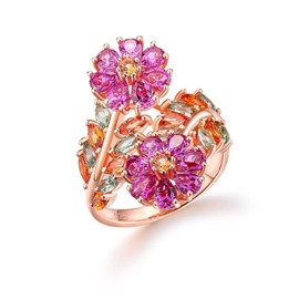 RANDES 925 Sterling Silver Band Wide Statement Flower Ring Multi-color Gemstone Leaf Ring Wedding Anniversary Engagement Jewelry for Women Size 8