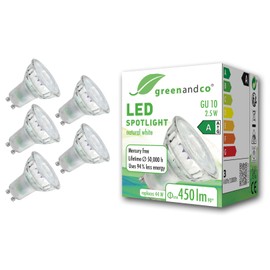 greenandco 5 x LED spotlights, GU10, 2.5 W, 450 lm, 4000 K, neutral white, 36°, 230 V, flicker-free, energy efficiency class A, not dimmable