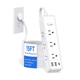 Flat Extension Cord 15 FT, Surge Protector Power Strip with 9 Widely Outlets and 3 USB (1 USB-C), Extension Cord with Multiple Outlets, 1080 Joule, Wall Mount, for Home Office, Dorm,White
