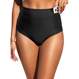 Tempt Me - Traje de baño de cintura alta para mujer, parte inferior de natación con control de abdomen, cobertura completa con bolsillos, 2025, Negro -, X-Large
