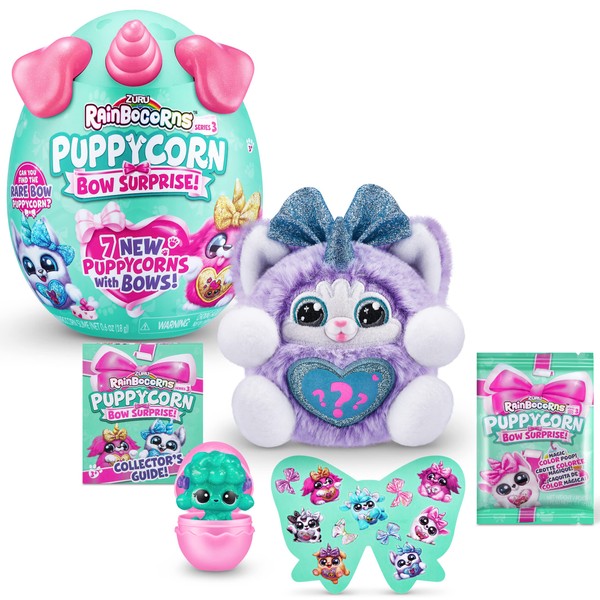 Rainbocorns Puppycorn Bow Surprise, Puppycorn Series 3, Rufus the Husky - Collectible Plush - 5 Layers of Surprises, Peel and Reveal Heart, Stickers, Slime, Ages 3+ (Husky)