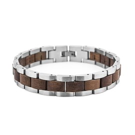 Men's Stainless Steel Bracelet with Elegant Wood Elements Includes Gift Box and Tool for Size Adjustment, 20 cm Length, Solid and Sturdy Design, 20.0 cm, Wood Stainless Steel, No Gemstone