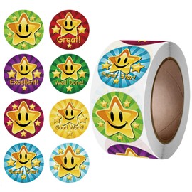 500pcs Reward Stickers for Children, Star Smiling Face Stickers Roll, 8 Design Well Done Stickers, Teacher Stickers, Colourful Reward Star Stickers for Children Behaviour, Incentives Stickers