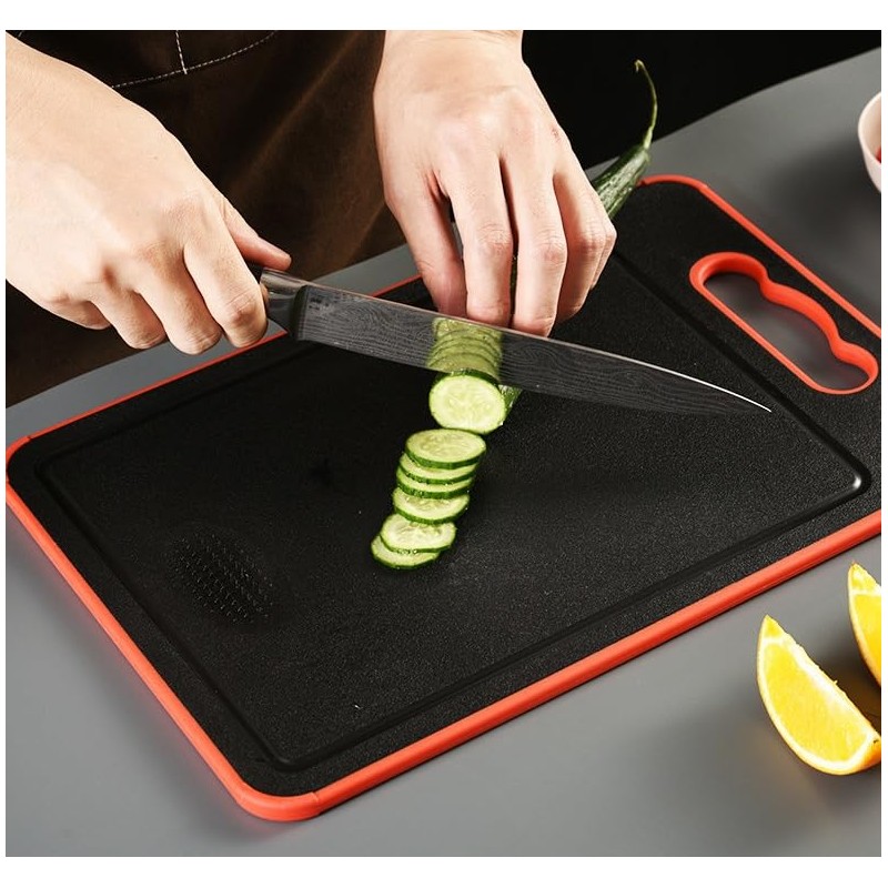 Cutting Board with Defrosting Tray Knife Sharpener, and Spice Grater.