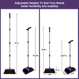 UDUK Broom with Dustpan Combo Set, 51" Household Dustpans and Broom, Standing Dust Pan Set for Home, Purple Cleaning Set for Kitchen Lobby Indoor Outdoor