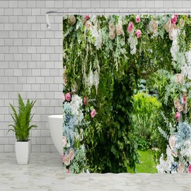 NYJSMYG Spring Flower Shower Curtains Floral Plant Green Leaves Park Garden Natural Scenery Pattern Bathroom Decor Polyester Fabric Curtain Sets 70x70 Inch with Hook