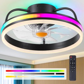 Ceiling Fan-Low Profile Ceiling Fan with Light - Modern Flush Mount Ceiling Fan ,16" RGB Dimmable LED Enclosed Ceiling Fans,Modern Bladeless LED-RGB Ambient Light for Bedroom Kids Room Party（Black）