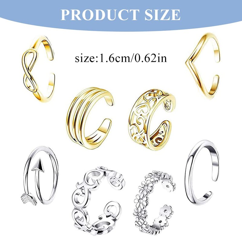EQLEF Toe Ring Set Gold and Silver Adjustable Open Ring