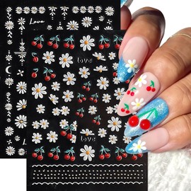 2 Sheets Summer Flower Nail Stickers for Nail Art Cute Daisy Embossed Floral Nail Sticker White Daisy Floral Nails Design Summer Fruit Cherry Nails Decoration Supplies Manicure Accessories for Women