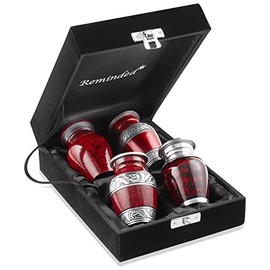 Reminded Small Cremation Keepsake Urns for Human Ashes, Set of 4 Red and Silver Miniature Urns with Velvet Case and Bags