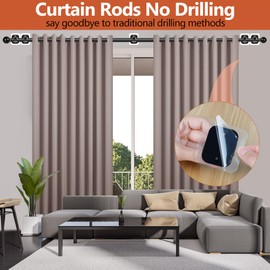 Curtain Rods No Drilling for Windows 48 to 84-96 Inch,5/8 Inch Diameter Drapey Pole with No Drill Curtain Rod Brackets,Renter Friendly Cortineros Para Ventanas with Adhesive Holder Black