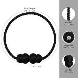 Hangtty Alzapaños magnéticos para cortinas, paquete de 2 alzapaños decorativos de cuerda, elegantes soportes de cortina para cortinas, soportes de tratamiento de ventanas al aire última intervensión, color negro