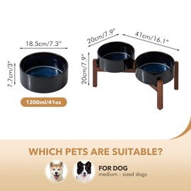 Havniva Ceramic 7.3inch Raised Double Dog Bowls Set with Acacia Wood Stand, Food & Water Bowls for Medium Breed Dogs, Weighted Pet Dishes(41oz, Starry Sky)