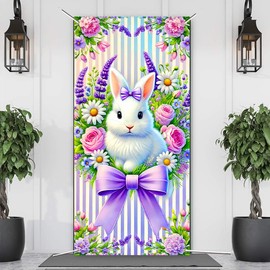 Blissyard Happy Easter Door Cover Easter Door Banner 35x71 Inch Purple Rabbit Wreath Porch Banners Spring Easter Decoration for Front Door Wall Indoor Outdoor Hanging Banners
