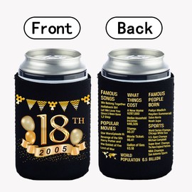 Yangmics 18th Birthday Can Cooler Sleeves Pack of 12-18th Anniversary Decorations- 2003 Sign - 18th Birthday Party Supplies - Black and Gold the eighteenth Birthday Cup Coolers