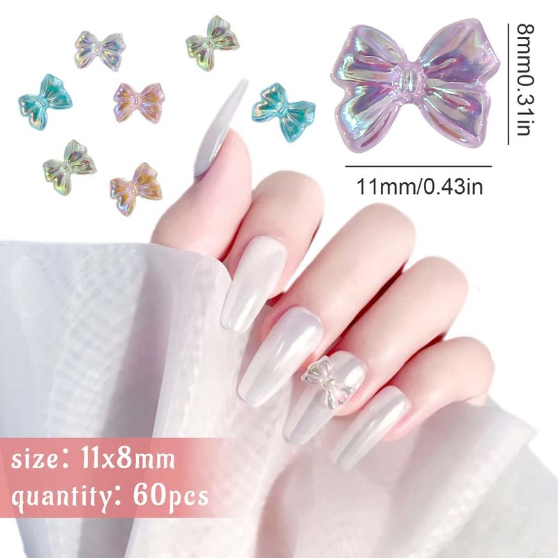 JRYXDS 60 Stück 3D Regenbogen-Schleifen Nageldesign - Resin Strass Accessoires
