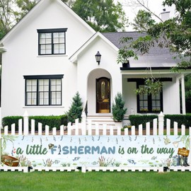 kreat4joy Fishing Baby Shower Decoration, A Little Fisherman Is on The Way Yard Banner 9.84x1.64ft Fishing Yard Banner Sign for Gone Fishing Little Fisherman Baby Shower Gender Reveal Decoration