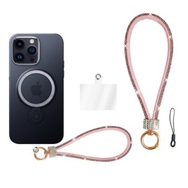 CASZONE Diamond Phone Lanyards With Phone Tether Tab,Bling Glitter Wrist Strap Keychain Bracelet Phone Charm Chain Fashion Cute Wrist Short Phone Lanyards For Girls Women,Pink