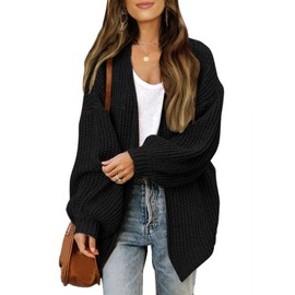MEROKEETY Women's Fall Open Front Long Lantern Sleeve Cardigan Oversized Chunky Outwear with Pocket Black