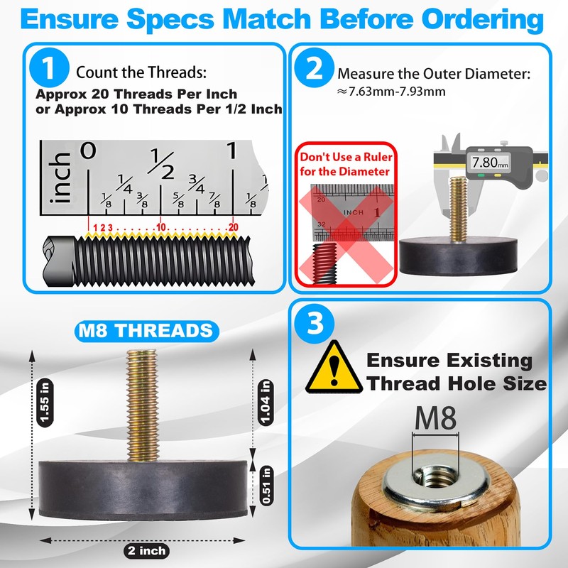 lleduli M8 Heavy Duty Rubber Leveling Feet, Adjustable Furniture Levelers