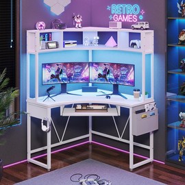 SEDETA CORNER DESK WITH KEYBOARD TRAY, STORAGE POCKET AND HEADPHONE HOOK Triangle Corner Computer Desk Office Desk Furniture Gaming Shelf Modern - Color: White