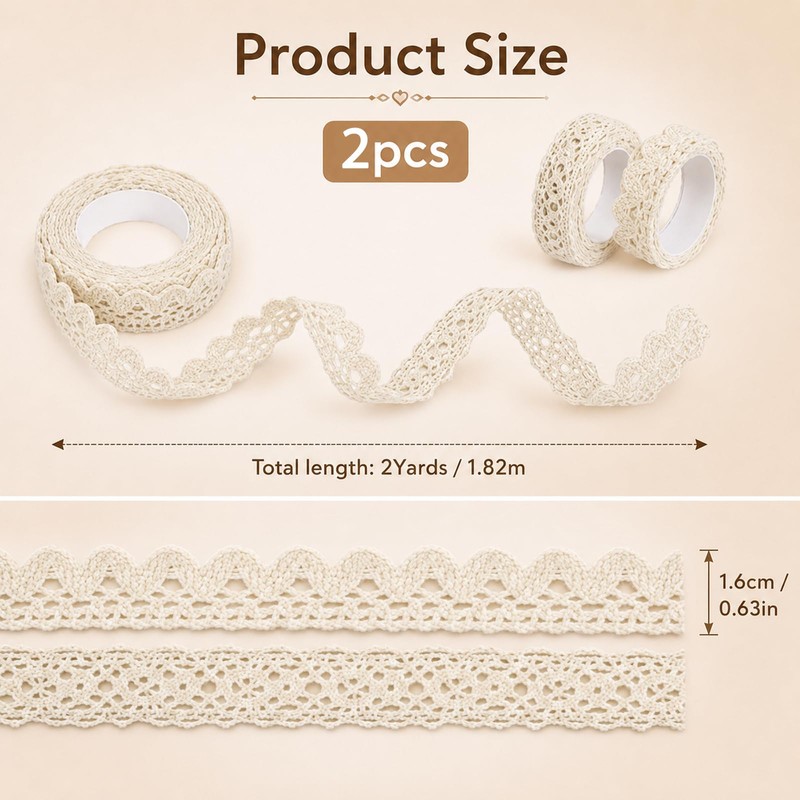 2Rolls 0.6" Wide 2 Yards Self-Adhesive Lace Tape Ribbon, Vintage