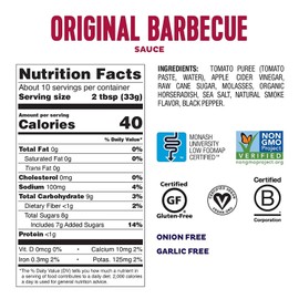 Fody Foods Original BBQ Sauce, 9.8 Oz, Garlic and Onion Free, Low FODMAP Certified, Gut & IBS Friendly, Vegan, Non-GMO, Gluten Free, Kosher