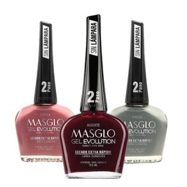 MASGLO GEL EVOLUTION Nail Polish Gel Effect, No UV/Led Lamp Required, Duration up to 12 day, 3 PCs Colors - Effecto Gel sin necesidad de lampara UV/Led, hasta 12 dias de duracion (Famous Selection)