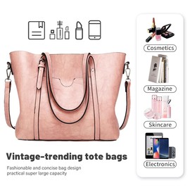 Women's Tote Bags Water Proof Ladies Leather Purse Handbags Large Capacity Shoulder Bags with Compartments for Shopping Work Pink