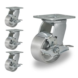 CWfutureparts 4" x 2" Caster Wheels, Heavy Duty Industrial Casters, Brake Caster Wheels with Roller Bearing - Semi Steel Cast Iron Wheels - 3200 Lbs Capacity Per Set of 4