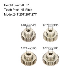 Rebower 4Pcs 48P Pinion Gear Set 24T 25T 26T 27T for 3.175 mm Shaft Aluminium Alloy Pinion Gear with Screws and Hexagonal Wrench for RC Motor