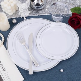 WDF 40Guest Silver Plastic Plates with Silverware - White Plastic Plates with Silver Rim, Dinnerware Sets Include 40 Dinner Plate, 40 Salad Plate,40 Forks, 40 Knives, 40 Spoons