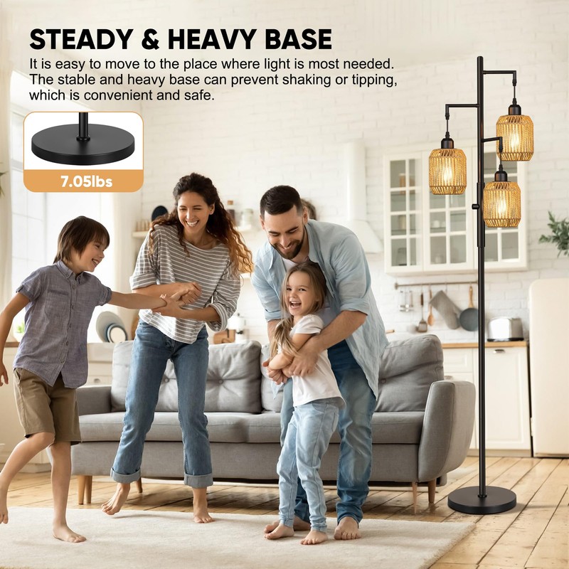 ROTTOGOON Dimmable Boho Floor Lamp - 3 Light Farmhouse Rattan