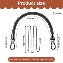 ADNEWX Pack of 4 Leather Bag Handles 40 cm with Chain Bag 120 cm Black for Round Braided Bag Handle Shoulder Strap Handbag Replacement Handle with Carabiner Hook