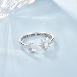 KINGWHYTE Opal Ring 925 Sterling Silver Sun and Moon Rings for Women Adjustable Rings Opal Jewellery Gifts for Women Teen Girls, Sterling Silver, Opal