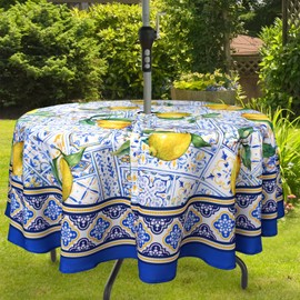 bnhjsdw Blue Outdoor Tablecloth with Umbrella Hole for Round Table, Waterproof Lemon Patio Table Cloth with Zipper - 60 x 60 inches