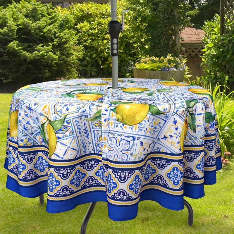 bnhjsdw Blue Outdoor Tablecloth with Umbrella Hole for Round Table,