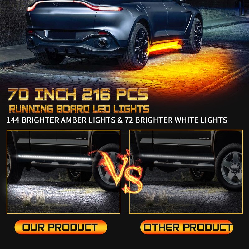 Afurkuot 70" LED Running Board Lights, White & Amber Light