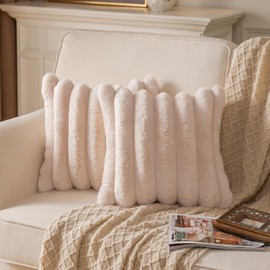 YAERTUN Set of 2 Beige Striped Decorative Cushion Covers 22x22 Inch 55x55 cm Plush Soft Throw Pillow Case with Velvet Back Faux Rabbit Fur Pillow Covers Sofa Couch Bed Livingroom