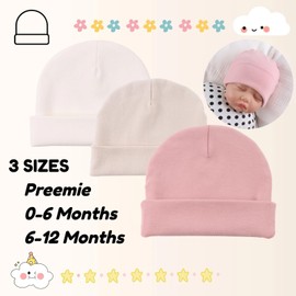 PESAAT Newborn Hospital Hat Infant Baby Boy Girl Cotton Beanie Preemie 0-12months Hats (Preemie, White+Skin Pink+Beige)