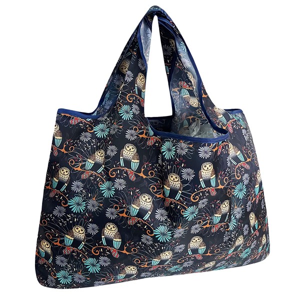 allydrew Large Foldable Tote Nylon Reusable Grocery Bags, Deco Owls