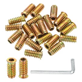 sourcing map 50 Pcs Threaded Insert for Wood, 1/4" - 20 Carbon Steel Threaded Studs Hex Socket Drive Nut Inserts Screw in Nut Fastener Connector with Hex Wrench 25mm Length for Home, Gold