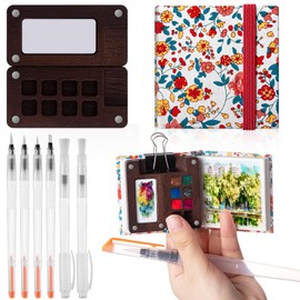 Qilery Mini Portable Watercolor Palette Set Wooden Grid Paint Box Watercolor Paper Sketch Book Brush Pens with Binder Clips for Painters Artists Students Not Include Paint(Red Flowers)