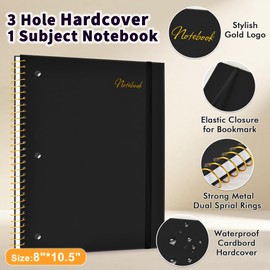 Graph Paper Notebook,1 Subject 80GSM Thick Grid Paper Notebook 8" x 10-1/2", Hardcover Spiral Notebooks for School Work Women Men, Graphing Notebook Journal for Writing,3-Hole Punched Perforated Black