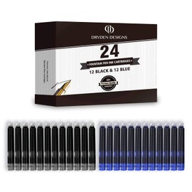 Dryden Designs Ink Cartridges for Fountain Pen | Set of 24 (12 Black & 12 Blue) - Short International Standard Size - Disposable and Generic Ink Refill Cartridges - Perfect for Calligraphy