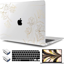 TWOLSKOO for MacBook Air 13.3 inch Case 2021 2020 2019 2018 Release M1 A2337 A2179 A1932 with Touch ID, Plastic Hard Shell Case & Keyboard Cover & Type C Adapter, Gold Florals