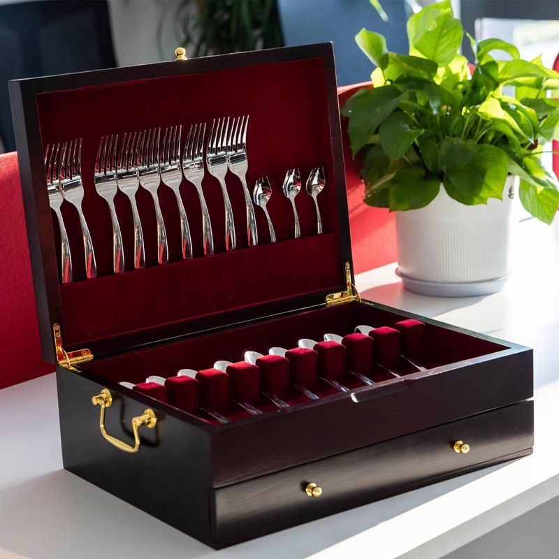 GENRICE Wooden Silverware Chest without Silverware Double-layer, Silverware Box Storage