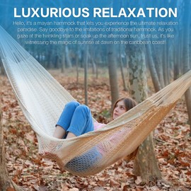 PNAEUT Mayan Hammock, Handwoven XL Thick Soft Rope Hammocks for Outdoor Indoor, Max 600 lbs Capacity, Tree Straps & Carabiners Included (Nature)
