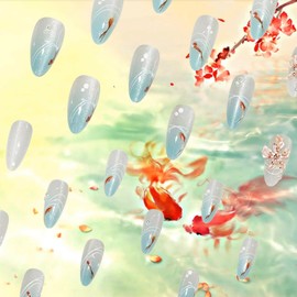 24Pcs Goldfish Press on Nails White Curve Line Press ons Fingernails 3D Flower Gel Glue on Acrylic Fake Nails Glos Blue Gradient Medium Almond False Nail Ocean Stick on Nail for Holiday Manicure Art