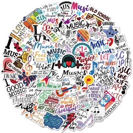 50 PCS Music Stickers, Waterproof Vinyl Music Note & Instrument Stickers for Kids, Cartoon Motivational Music Decals for Water Bottles, Laptops, Luggage, Phones Case